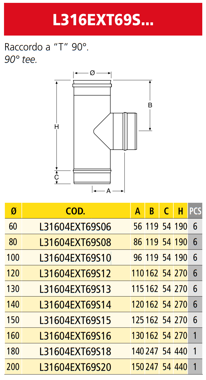 Especificaciones técnicas del Te Simple Pared para Chimenea EXPO INOX L31604EXT69S10